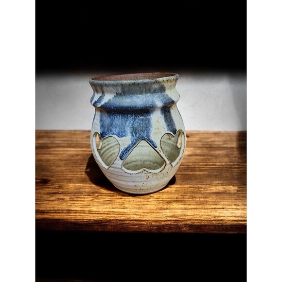 Vintage Stoneware studio Art Pottery Reticulated Candle Holder Signed Heart - Picture 3 of 7